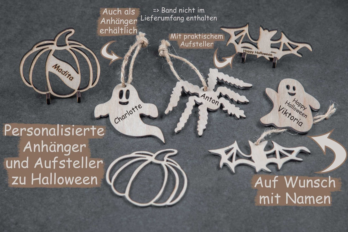 Personalisierte Halloweendeko als Anhänger und Aufsteller mit Gravur