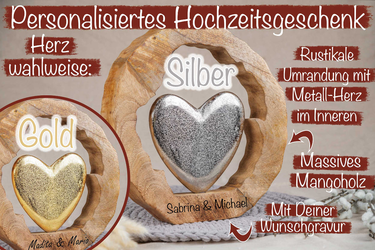 Hochzeitsgeschenk Herz im rustikalen Kreis mit Gravur personalisiert