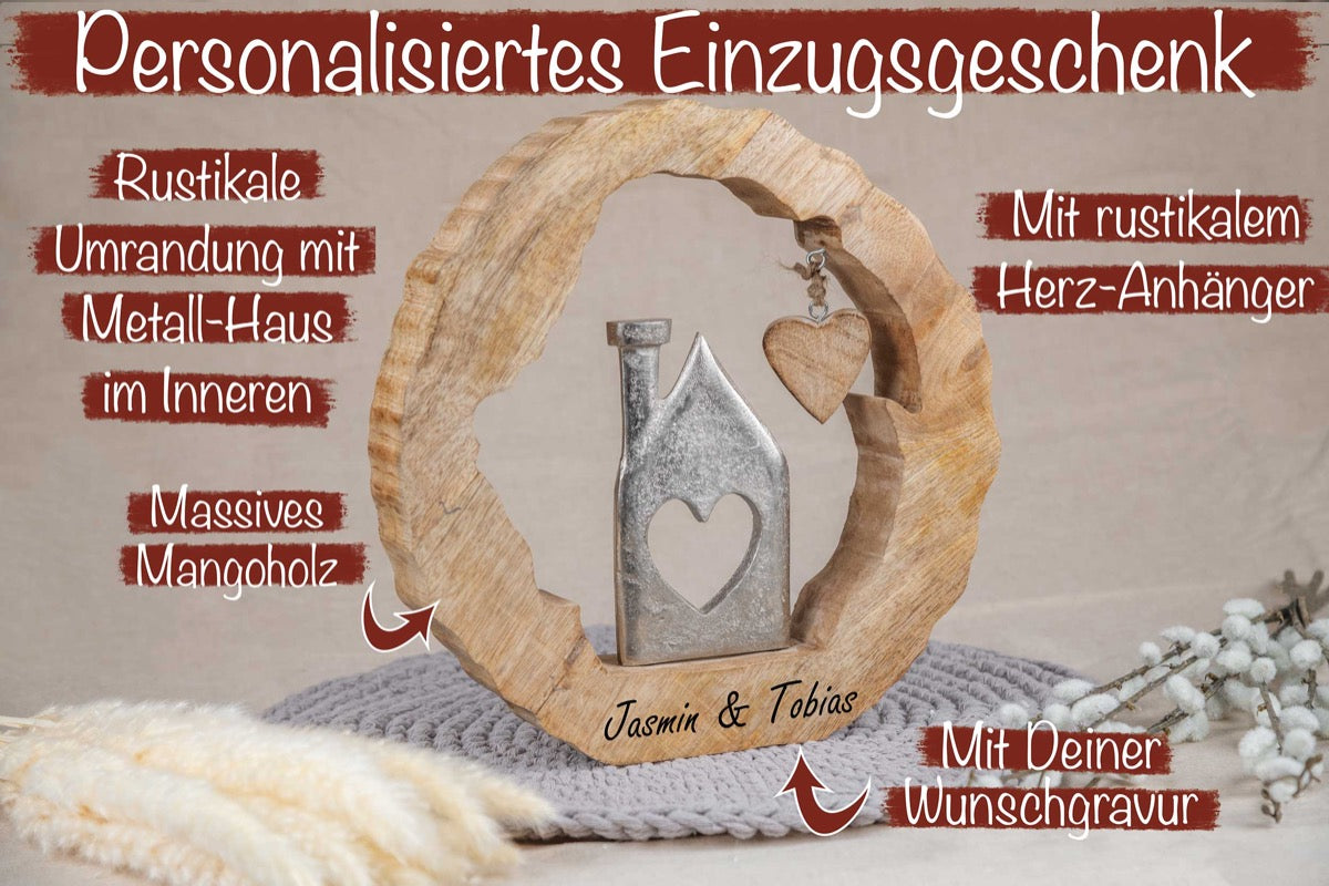 Einzugsgeschenk Haus im rustikalen Kreis mit Gravur personalisiert