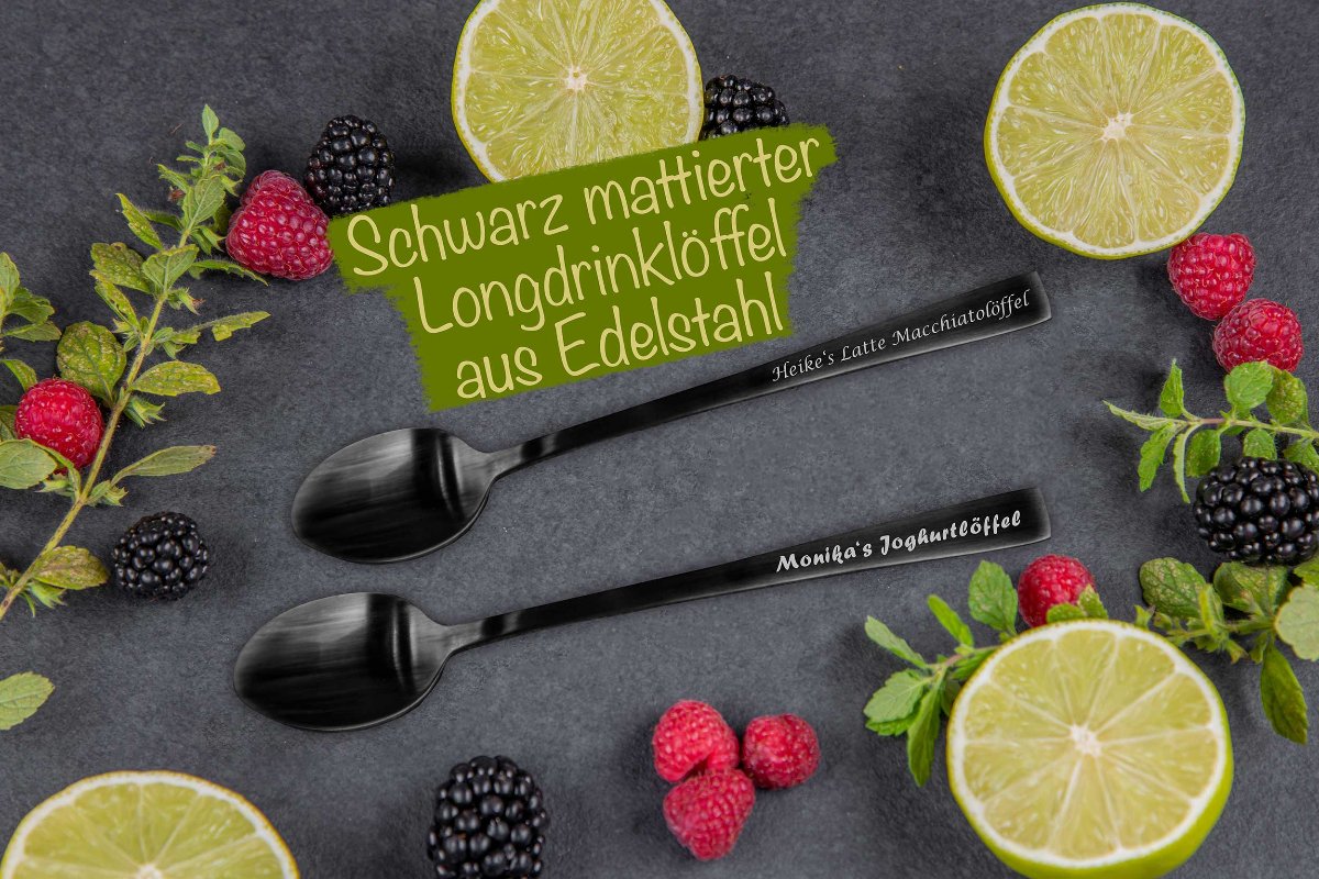 Schwarz mattierter Latte Macchiato Kaffee Löffel mit Gravur nach Wunsch personalisiert - Longdrinklöffel