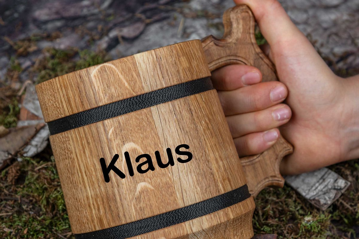 Rustikaler Bierkrug personalisiert aus Eichenholz mit Edelstahleinsatz