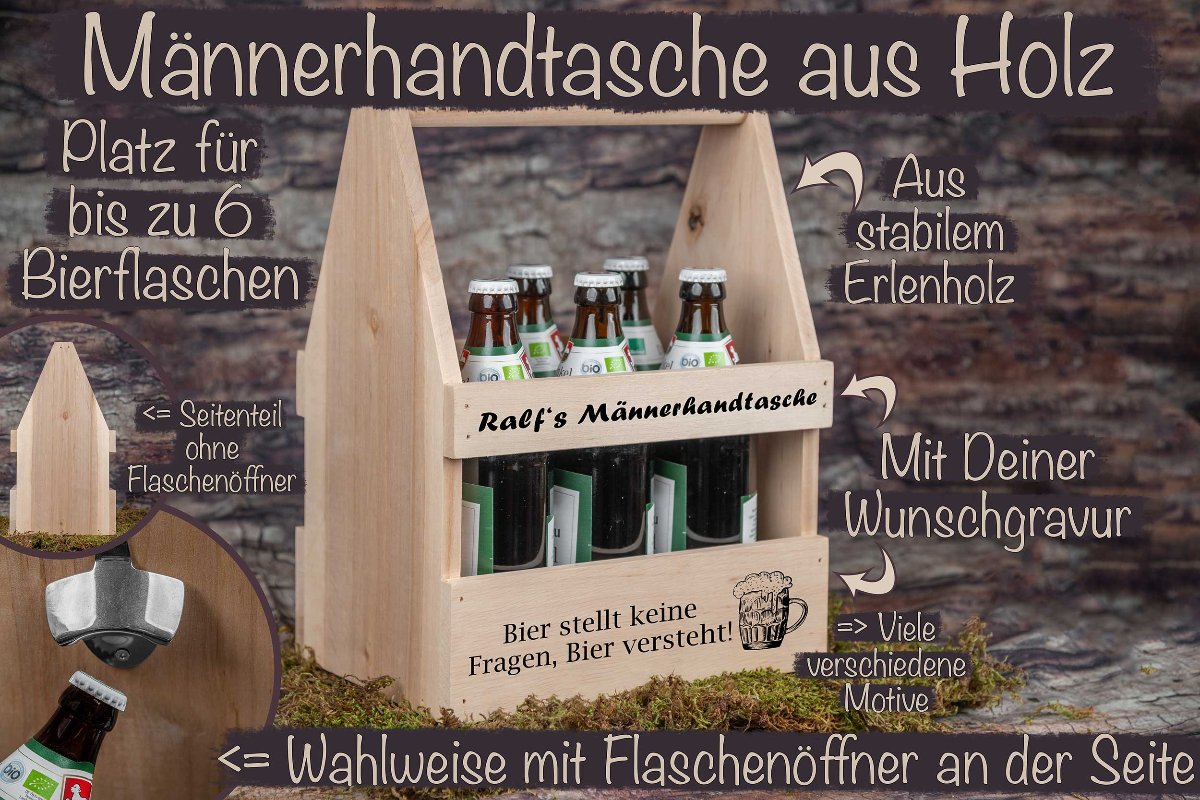 Personalisierter Bierträger aus Holz - Männerhandtasche Herrenhandtasche