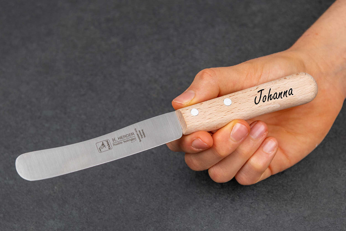 Messer personalisiert mit Gravur aus Kirschholz und Buchenholz