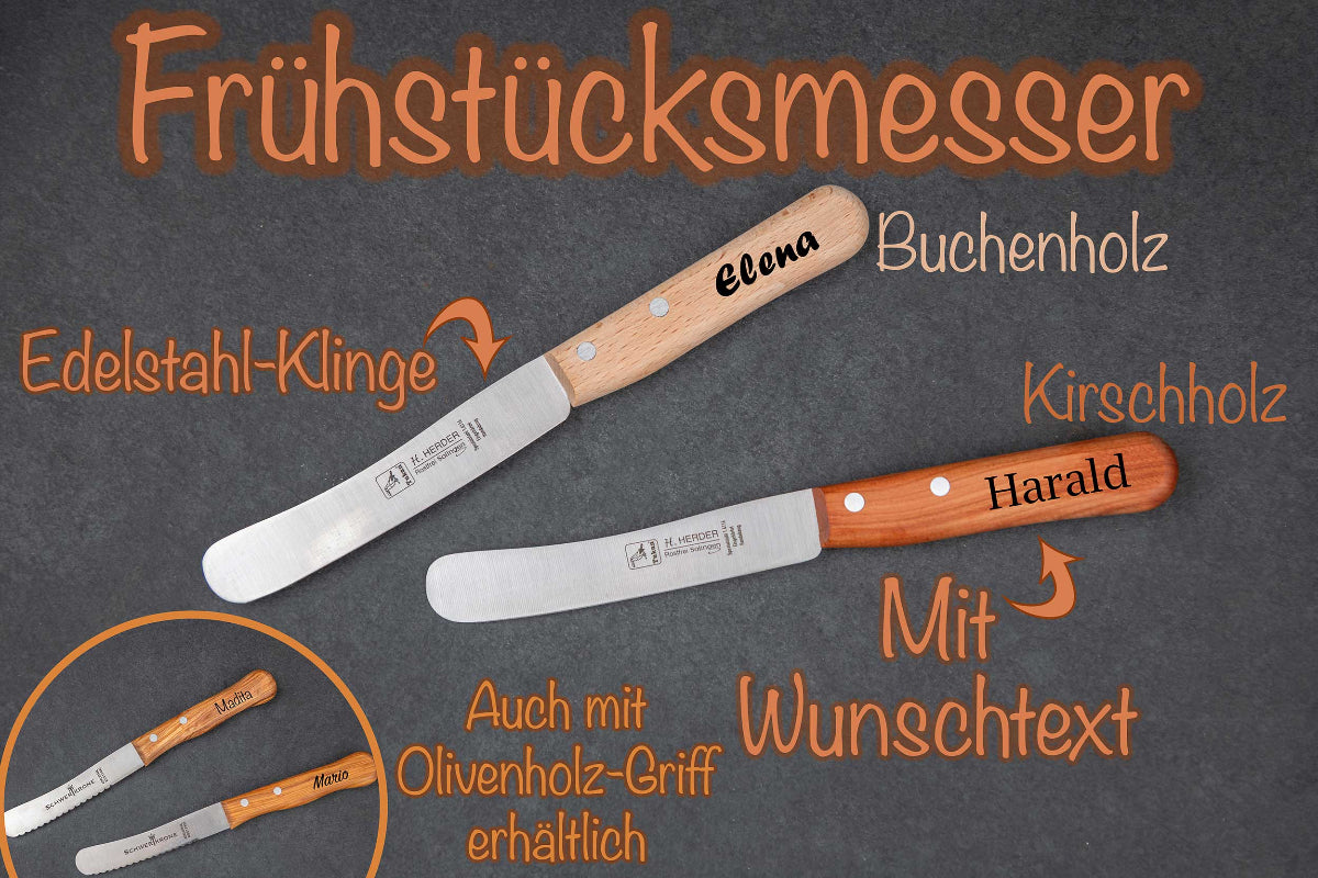 Messer personalisiert mit Gravur aus Kirschholz und Buchenholz