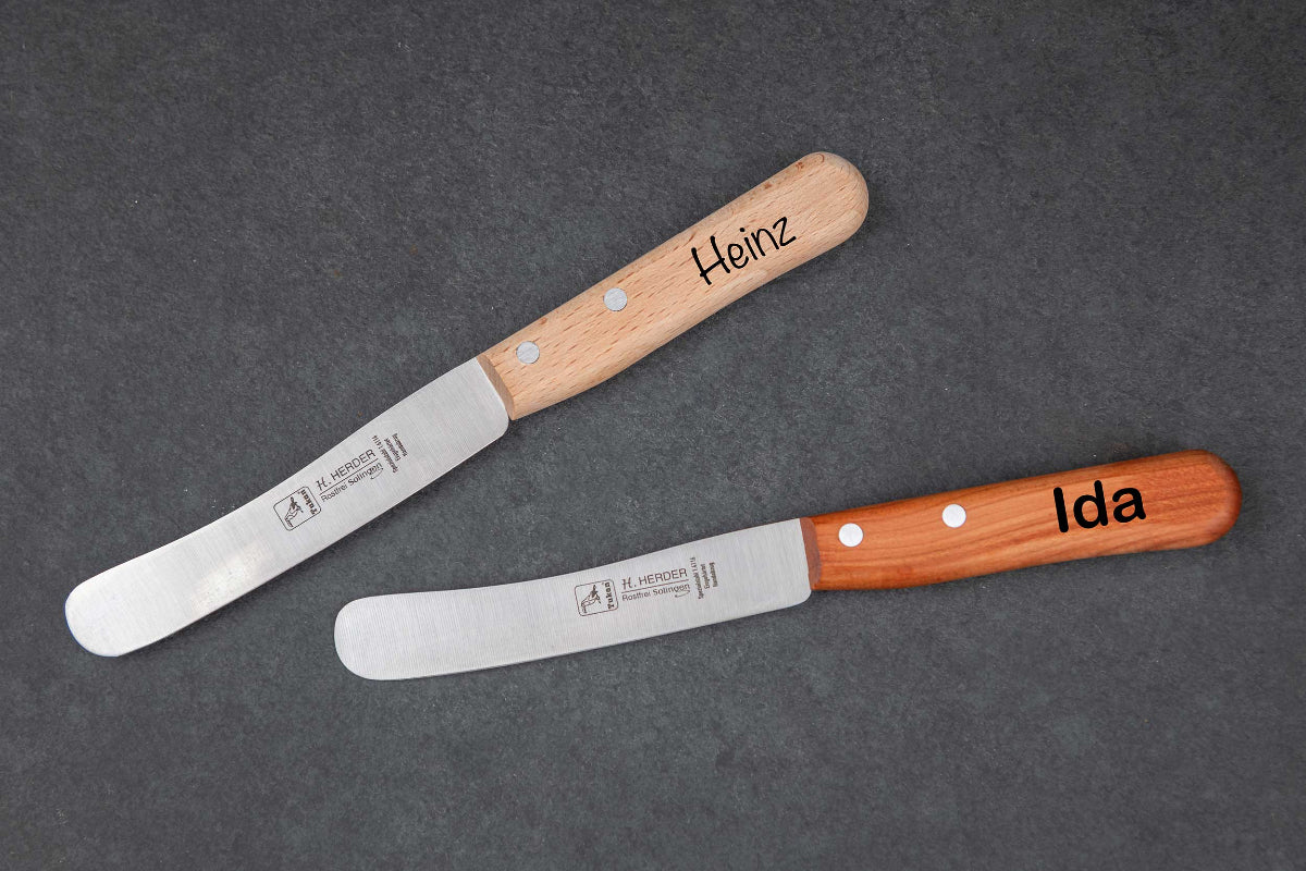 Messer personalisiert mit Gravur aus Kirschholz und Buchenholz