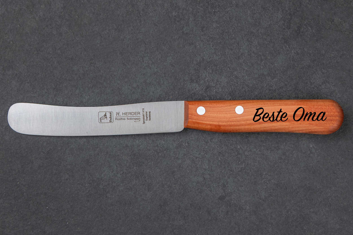 Messer personalisiert mit Gravur aus Kirschholz und Buchenholz