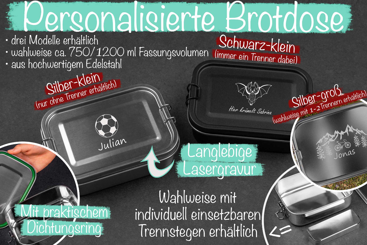 Edelstahl Brotdose personalisiert mit Namen für Kinder