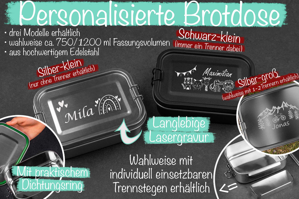 Personalisierte Brotdose mit Namen aus Edelstahl für Kinder
