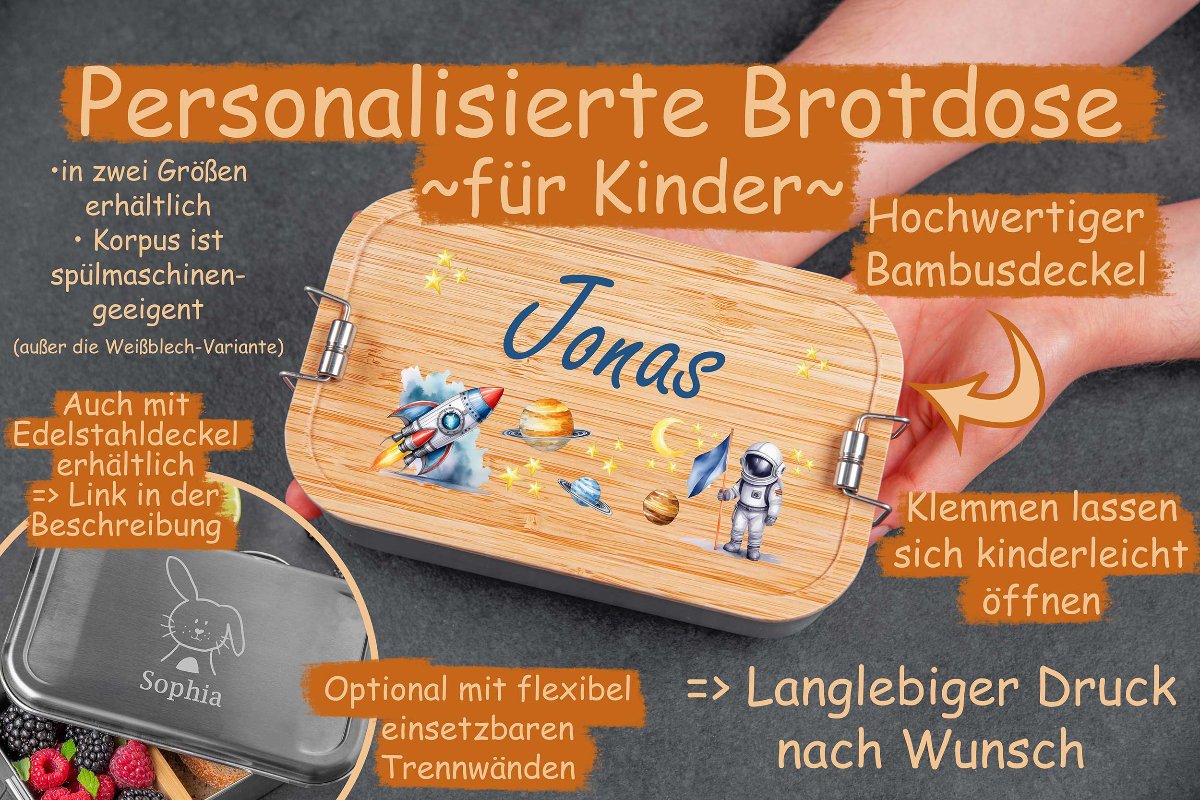 Brotdose personalisiert mit Bambusdeckel für Kinder bunt