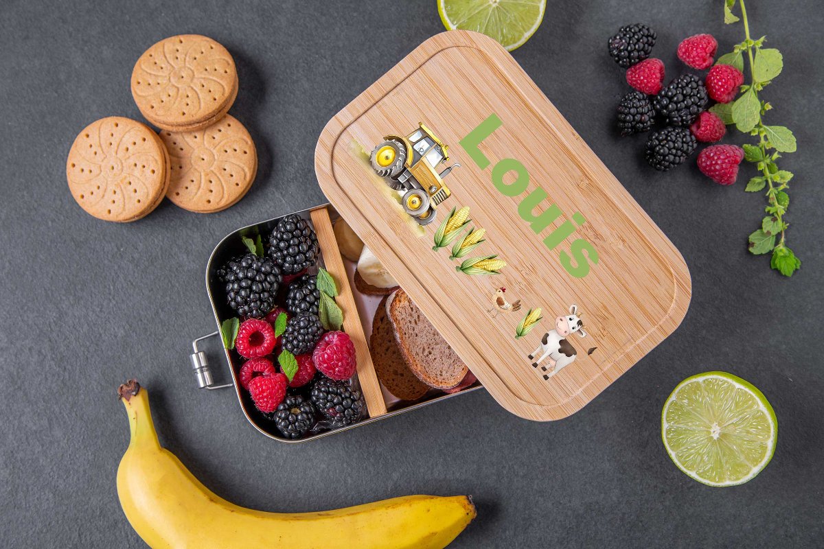 Brotdose personalisiert mit Bambusdeckel für Kinder bunt