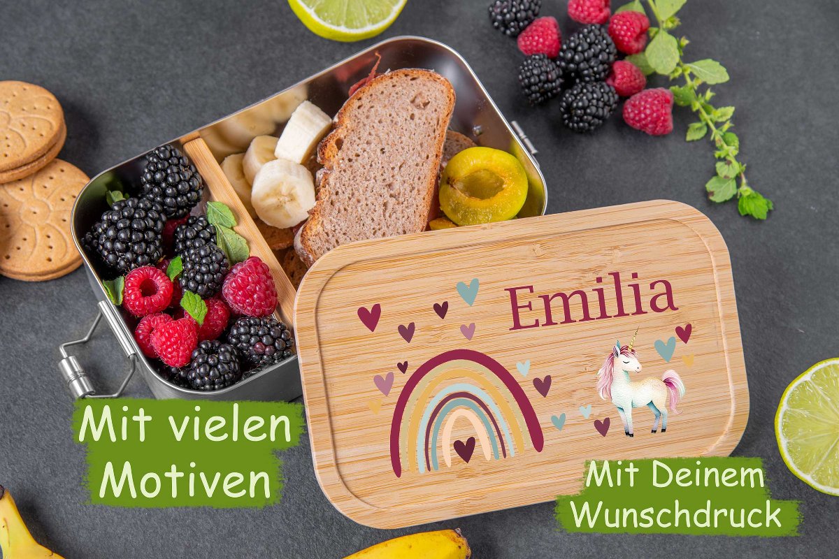 Brotdose personalisiert mit Bambusdeckel für Kinder bunt