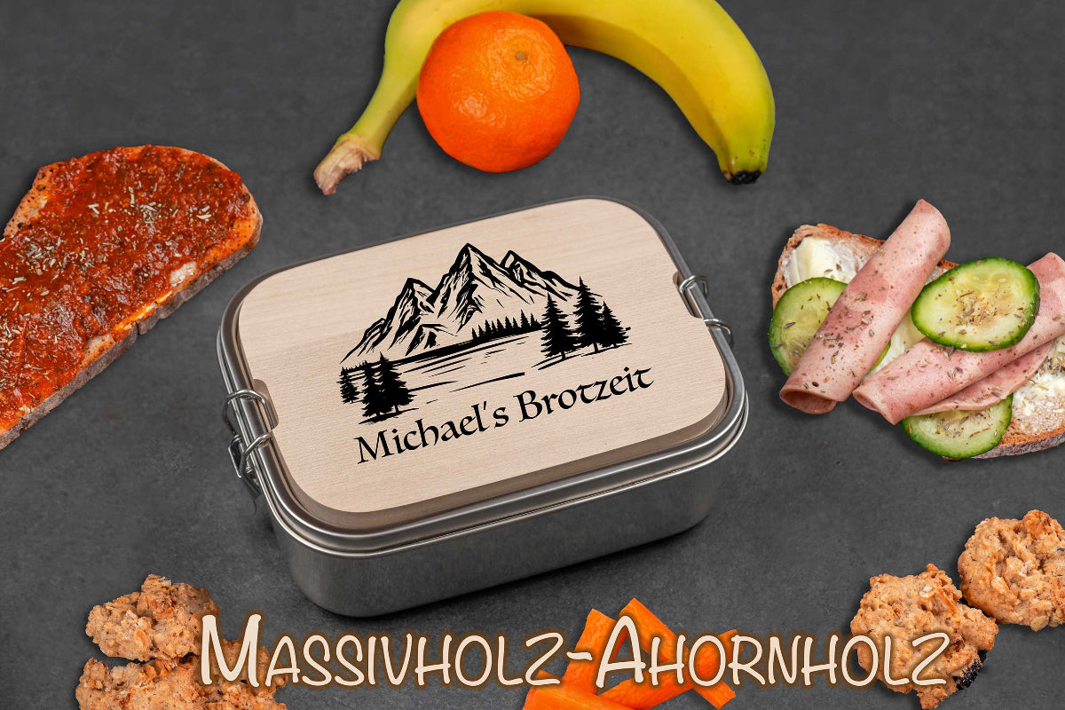 Edelstahl Brotdose personalisiert mit Namen mit Holzdeckel