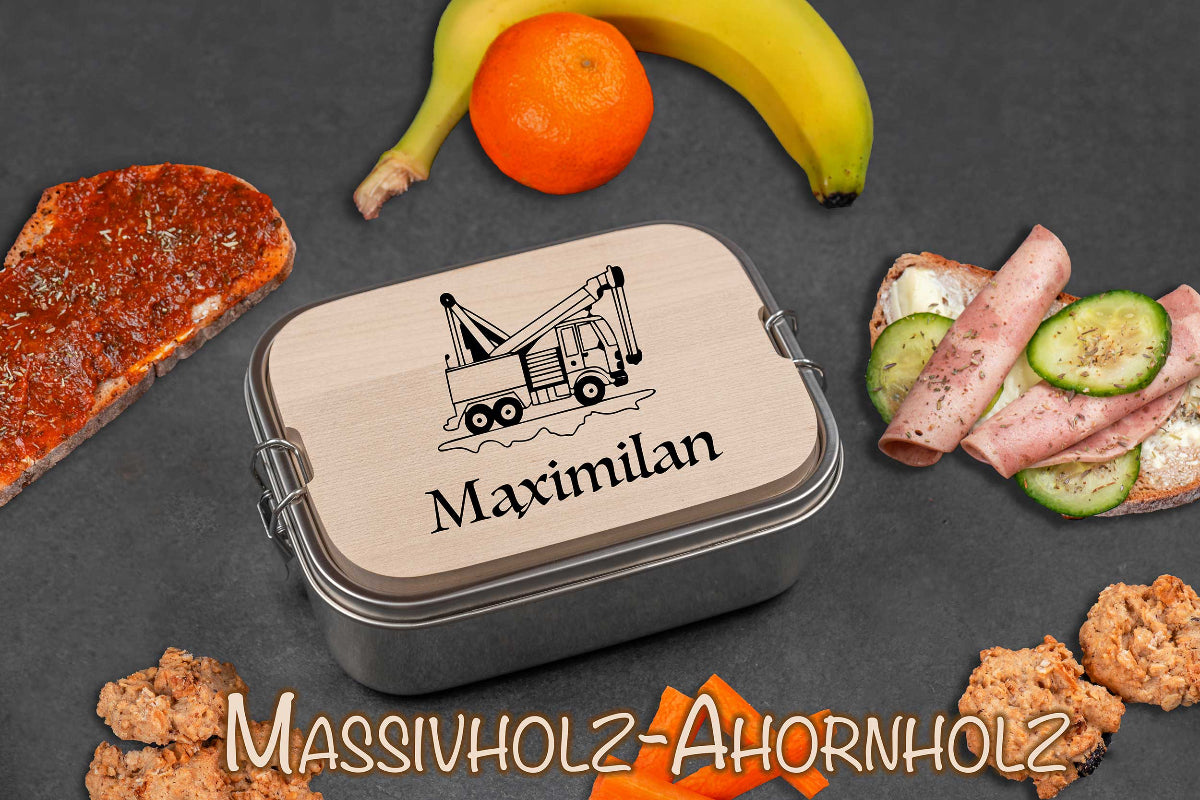 Brotdose personalisiert aus Edelstahl mit Holzdeckel als Schneidebrett