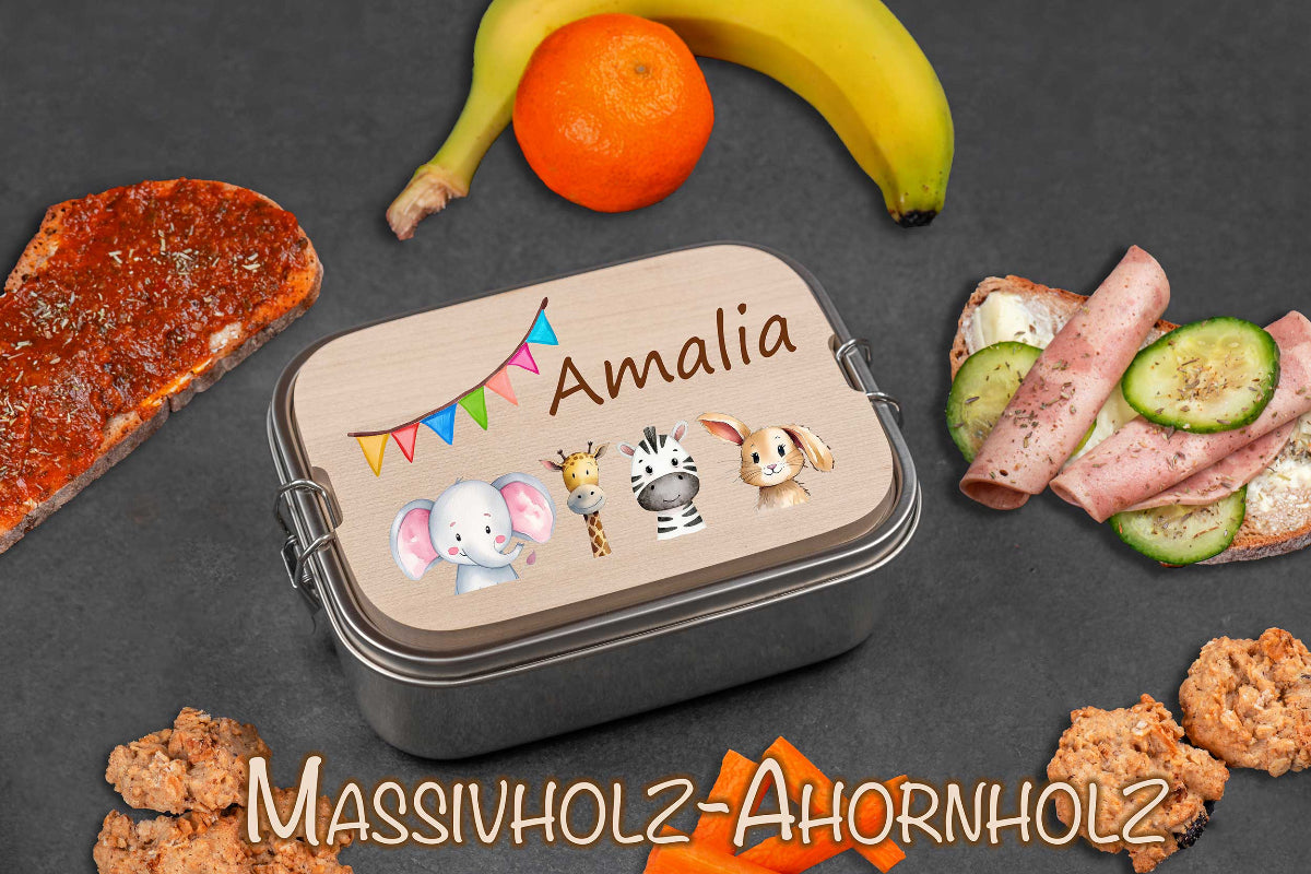 Brotdose personalisiert mit Holzdeckel für Kinder bunt