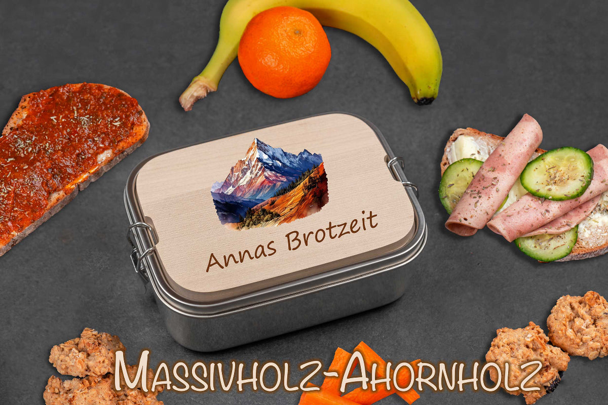 Brotdose personalisiert mit Holzdeckel mit Bergmotiven bunt