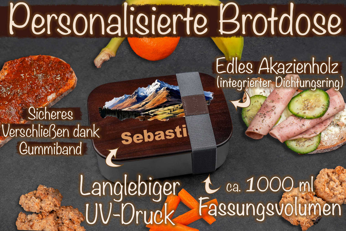 Premium Edelstahl Brotdose mit Akazienholzdeckel personalisiert mit Namen