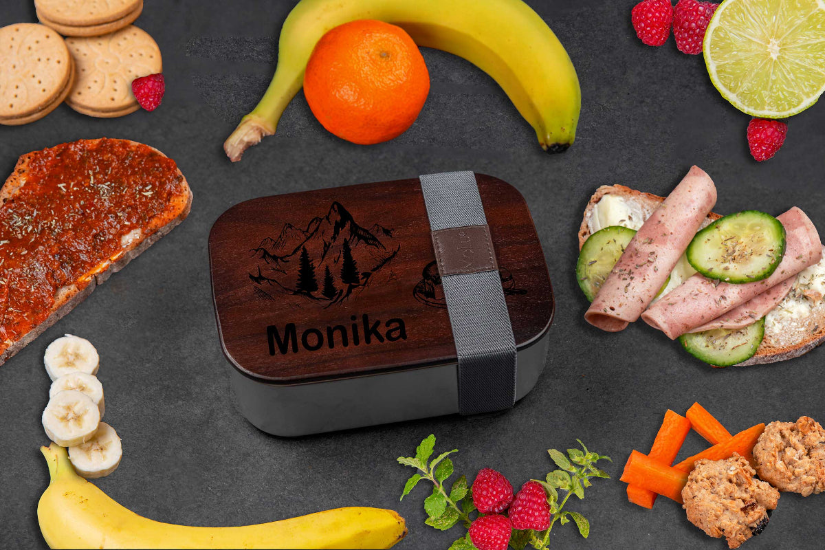 Premium Edelstahl Brotdose mit Akazienholzdeckel personalisiert mit Namen