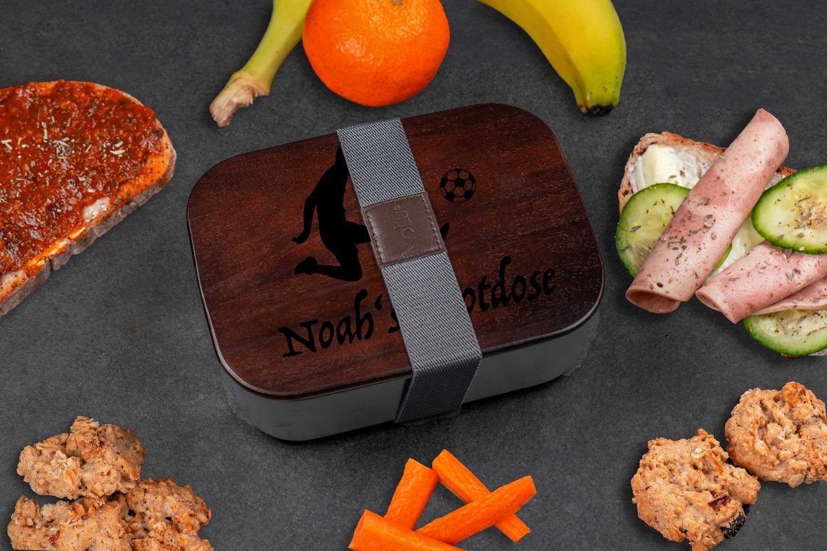 Premium Edelstahl Brotdose mit Akazienholzdeckel personalisiert mit Namen