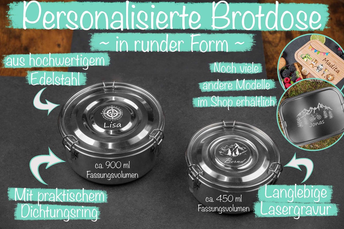 Runde Edelstahl Brotdose personalisiert mit Namen