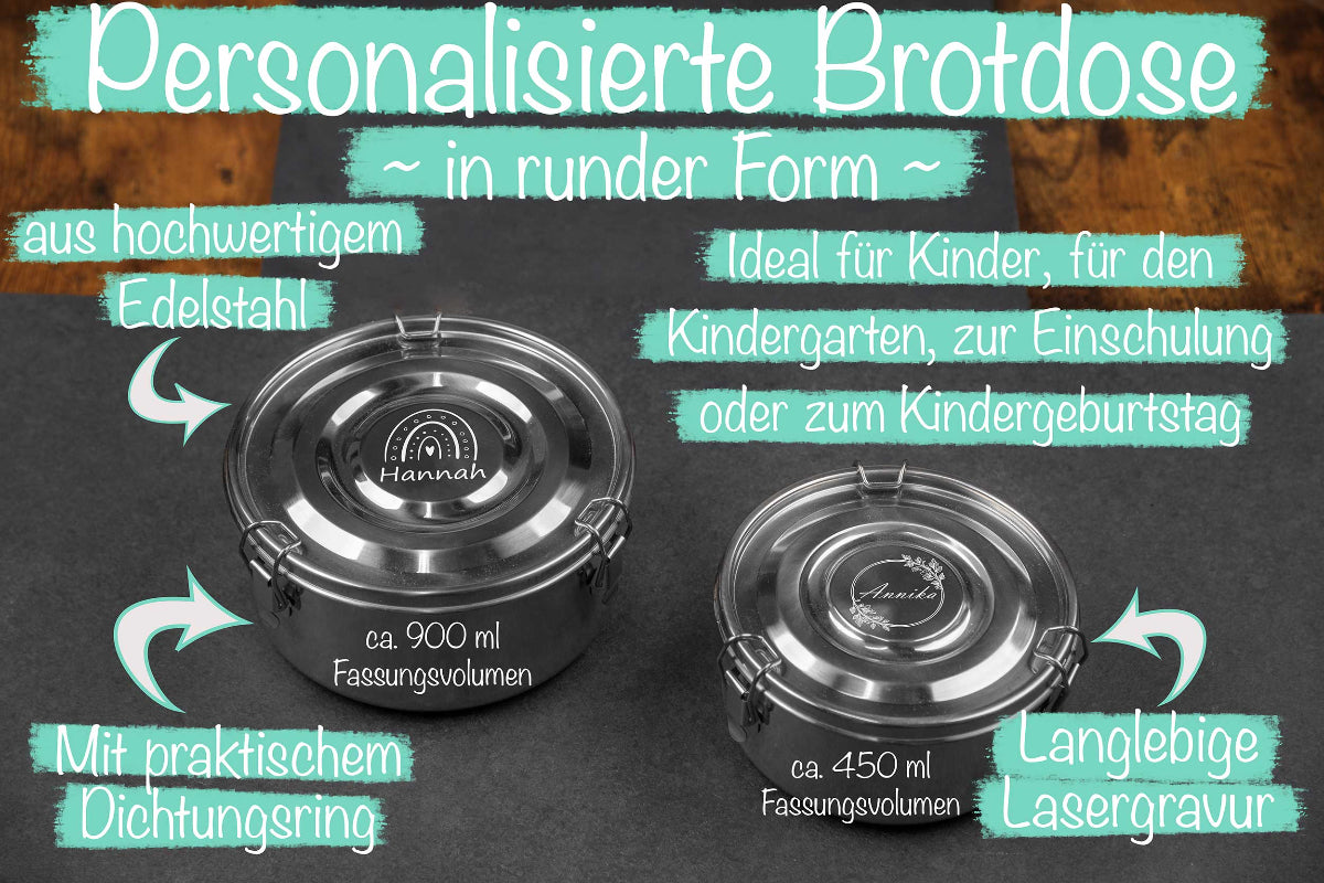 Runde Brotdose personalisiert mit Namen aus Edelstahl