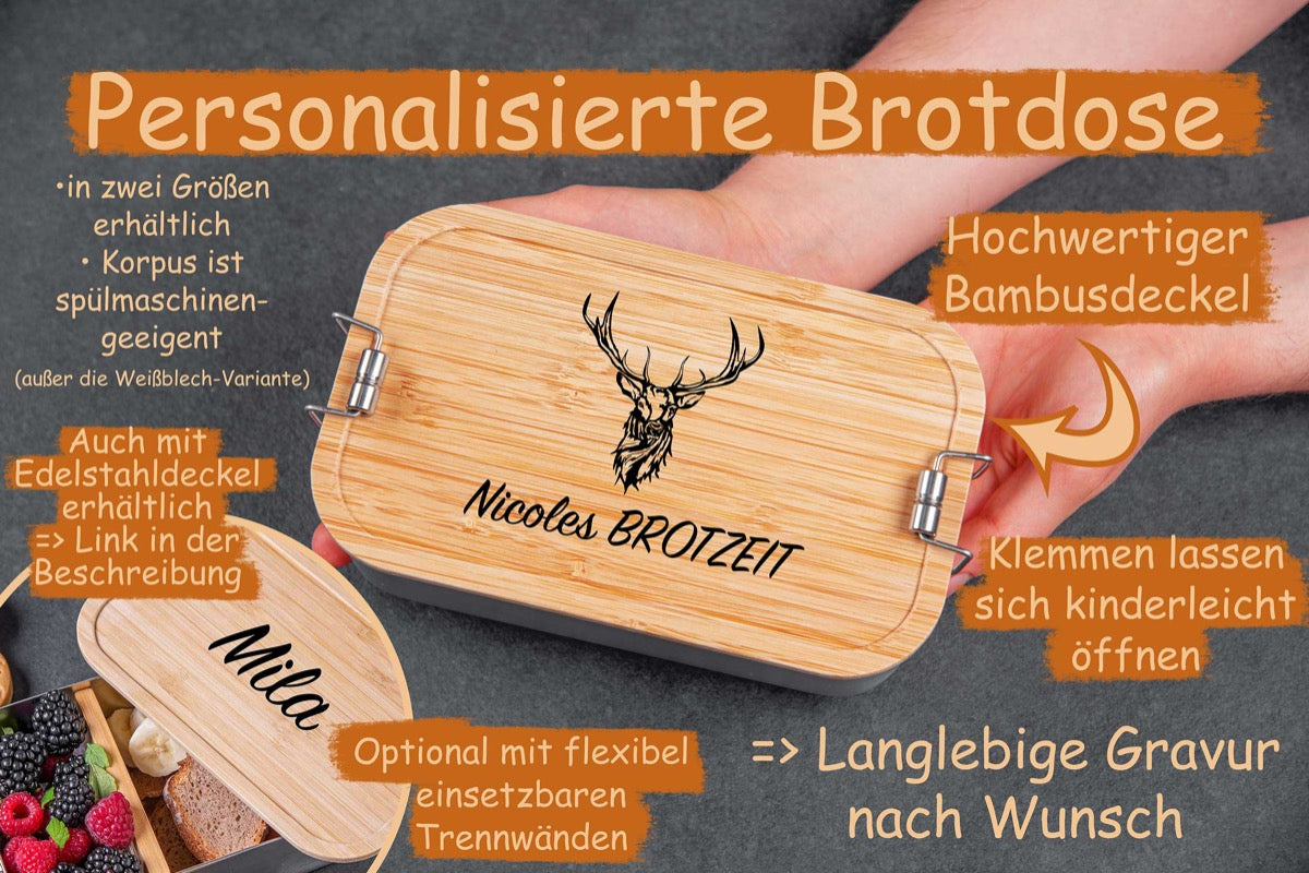 Premium Brotdose personalisiert mit Namen und Bambusdeckel