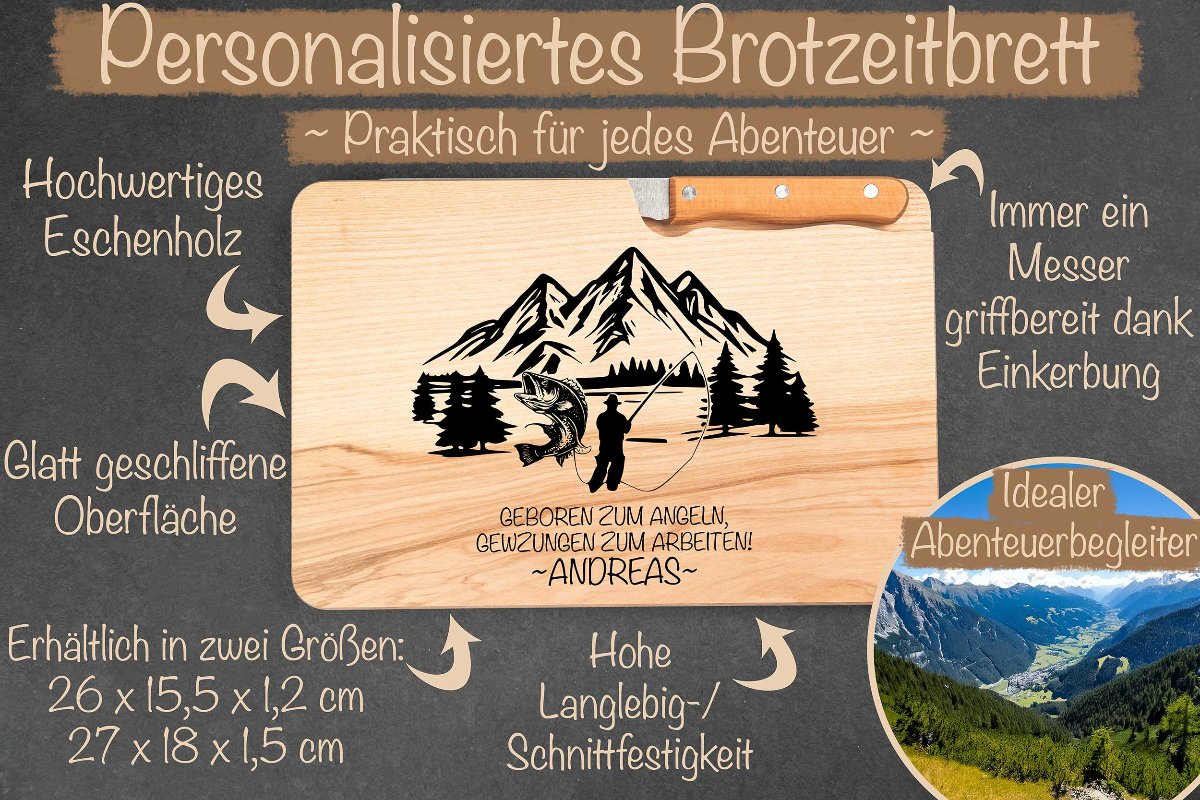 Brotzeitbrett mit Namen personalisiert aus Holz mit Messer - Schneidebrett