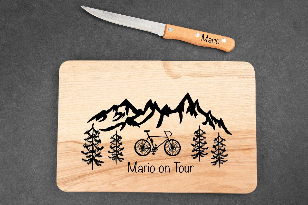 Brotzeitbrett mit Namen personalisiert aus Holz mit Messer - Schneidebrett