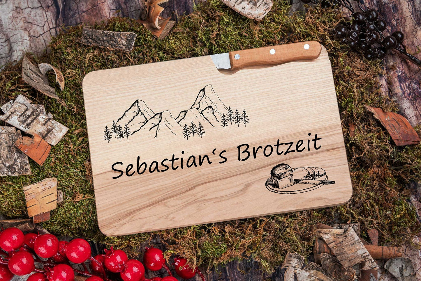 Brotzeitbrett mit Namen personalisiert aus Holz mit Messer - Schneidebrett