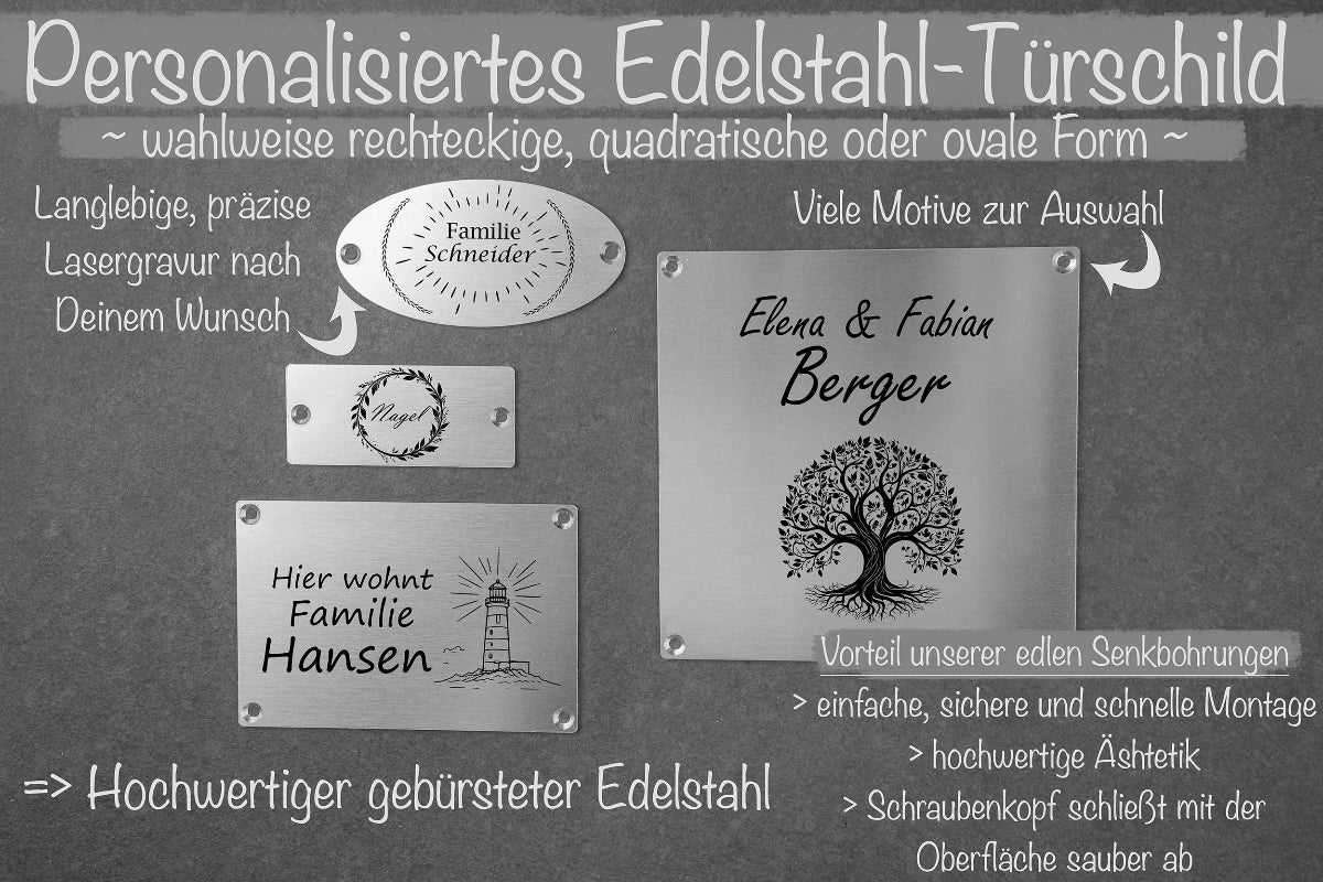 Premium Klingelschild Türschild Namensschild Briefkastenschild personalisiert aus Edelstahl wetterfest