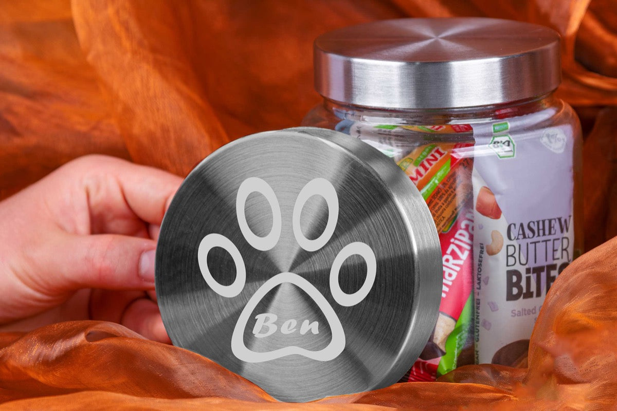 Leckerliglas personalisiert für Hunde und Katzen mit Edelstahl-Deckel