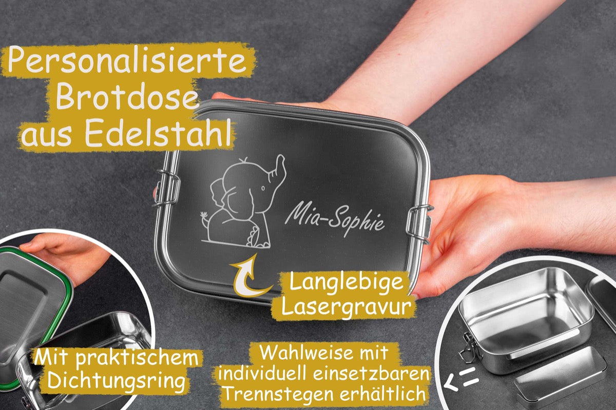 Brotdose personalisiert mit Namen aus Edelstahl mit Tiermotiven