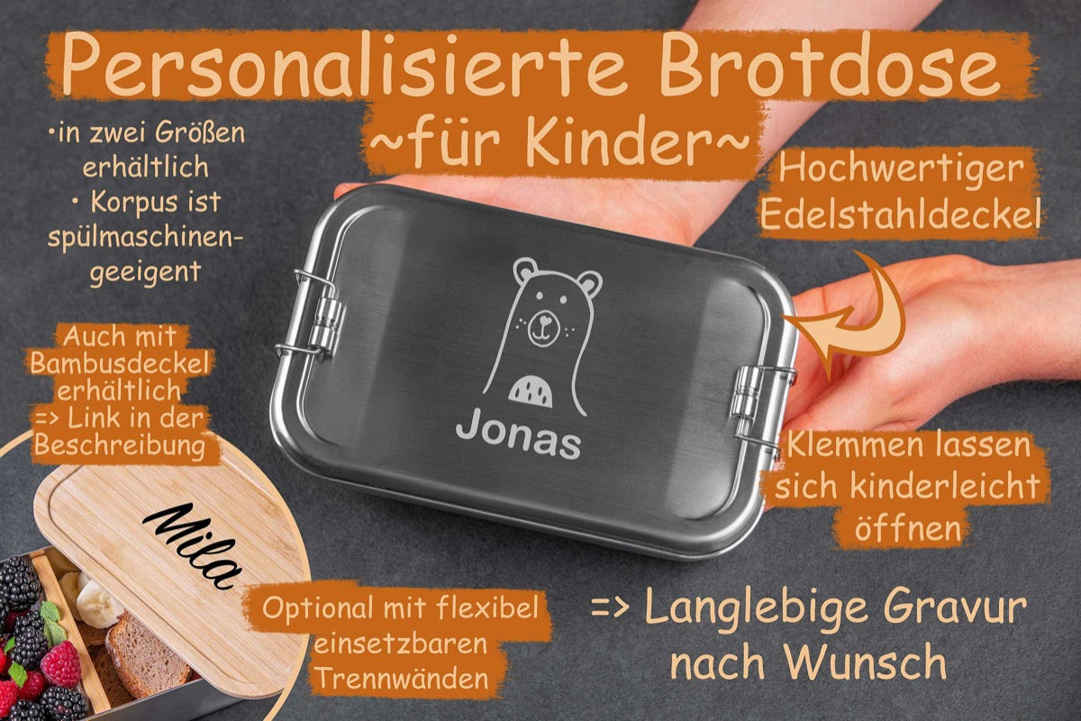 Edelstahl Brotdose personalisiert mit Namen für Kinder