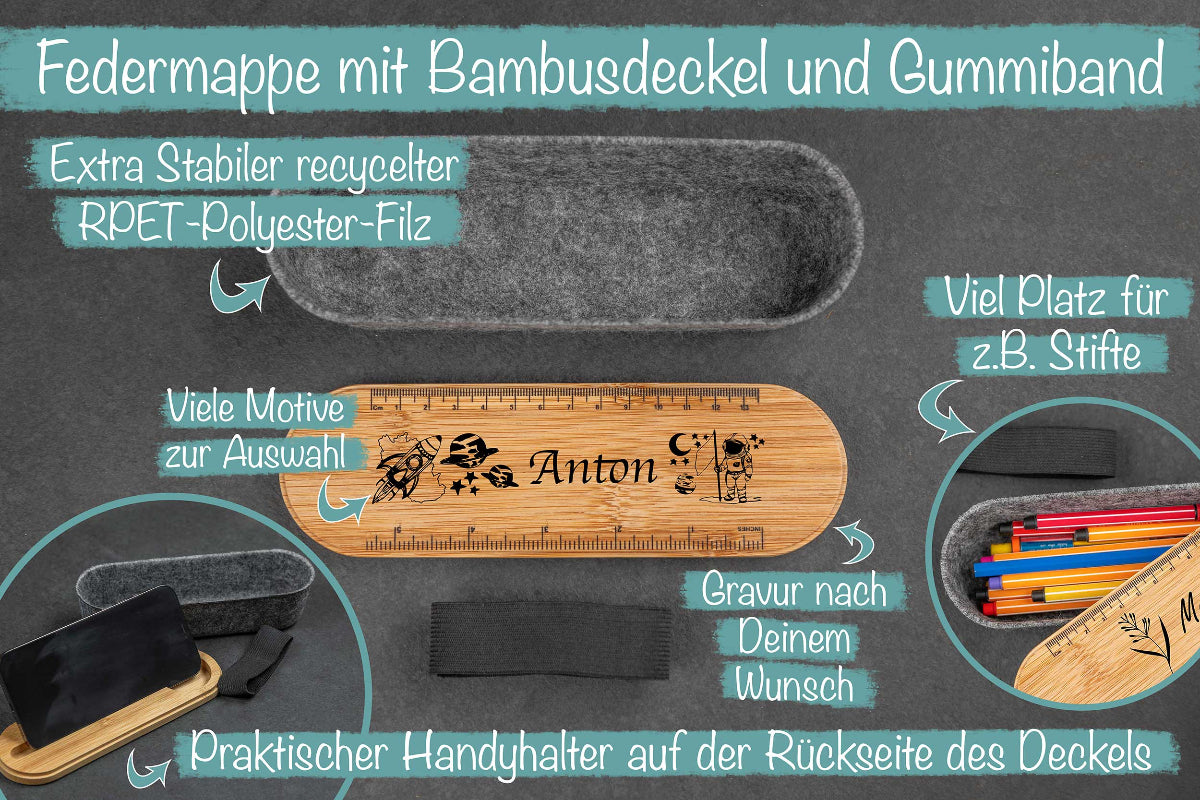 Federmappe perfekt als Box für Stifte aus Filz mit Bambusdeckel und Wunschgravur