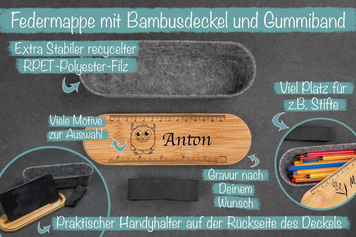 Federmäppchen perfekt als Box für Stifte aus Filz mit Holzdeckel und Wunschgravur