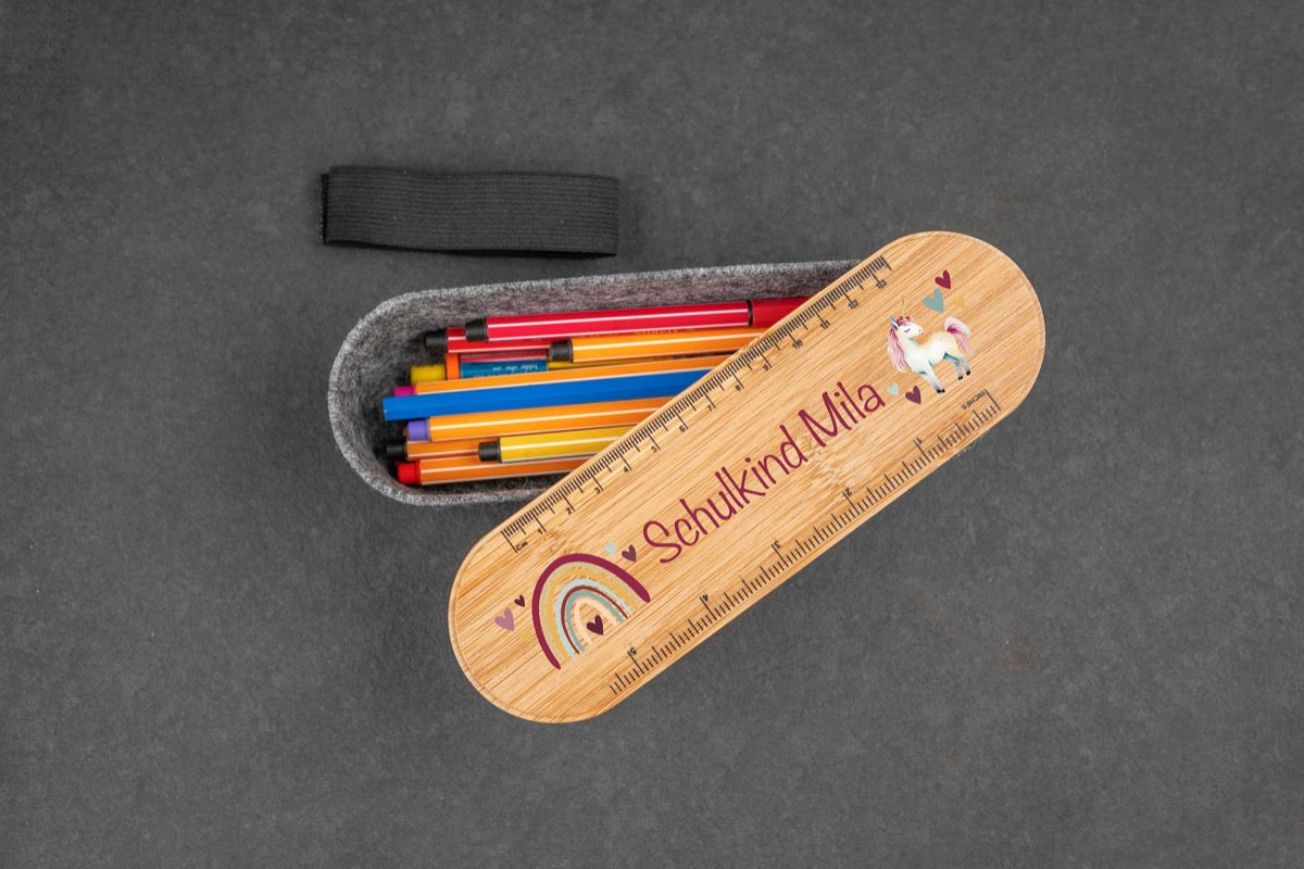 Federmäppchen perfekt als Box für Stifte aus Filz mit Holzdeckel bunt