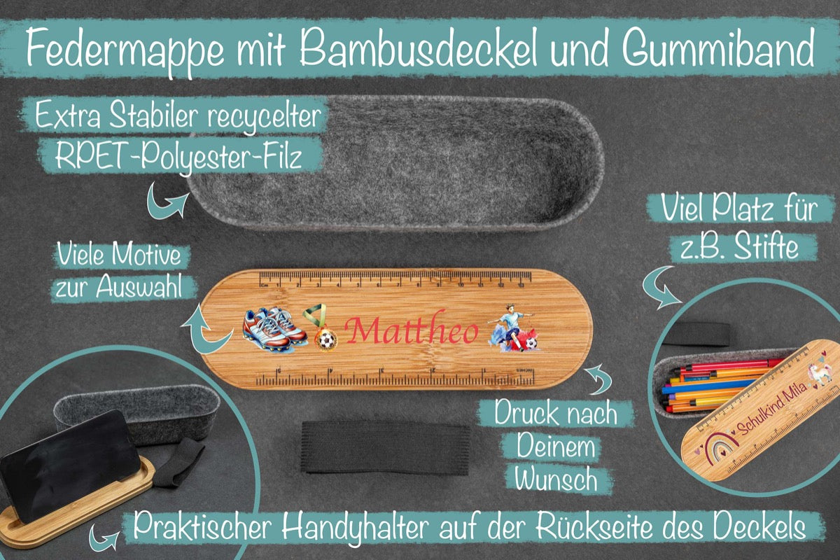 Federmäppchen perfekt als Box für Stifte aus Filz mit Holzdeckel bunt
