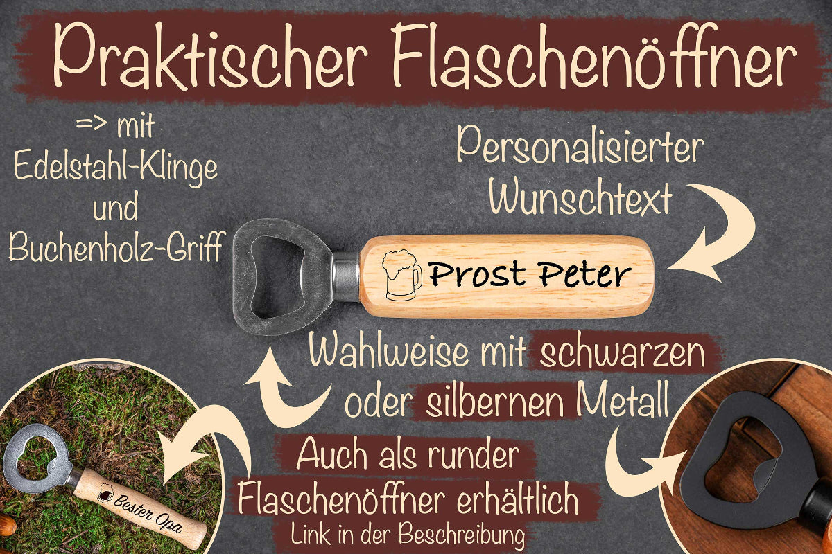 Flaschenöffner personalisiert mit Holzgriff und Edelstahl Klinge