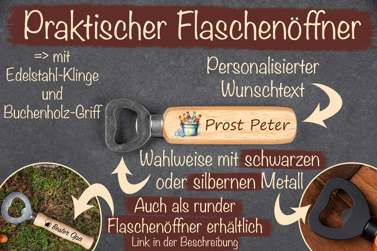 Personalisierter Flaschenöffner aus Edelstahl mit bunten Motiven
