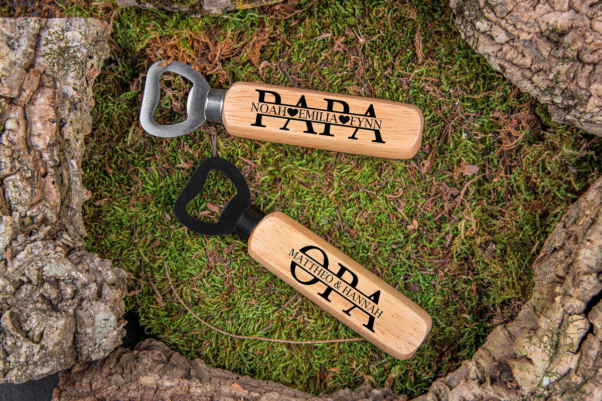 Flaschenöffner personalisiert mit Holzgriff - Vatertag Papa Geschenk
