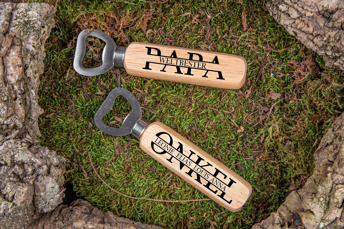 Flaschenöffner personalisiert mit Holzgriff - Vatertag Papa Geschenk