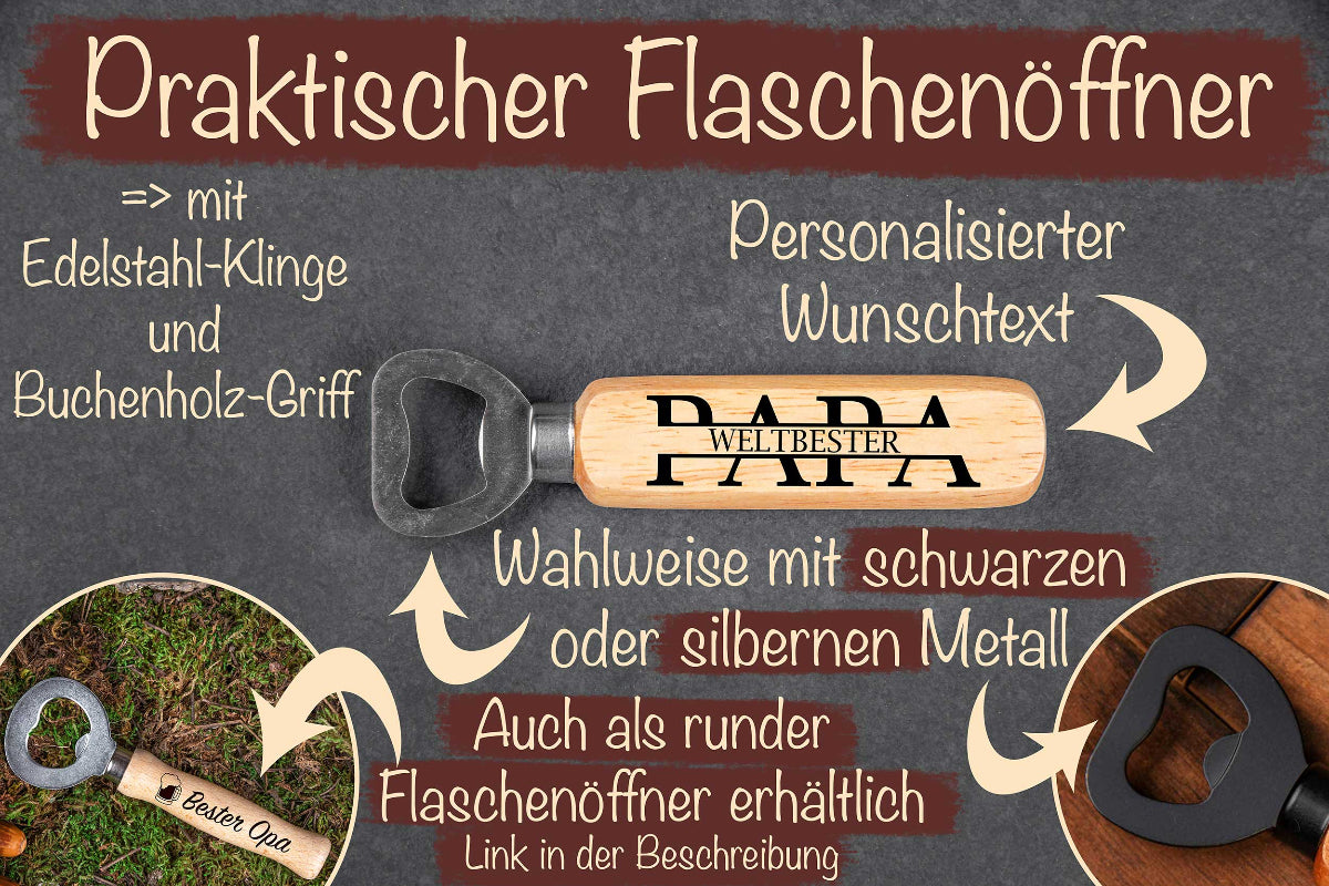 Flaschenöffner personalisiert mit Holzgriff - Vatertag Papa Geschenk