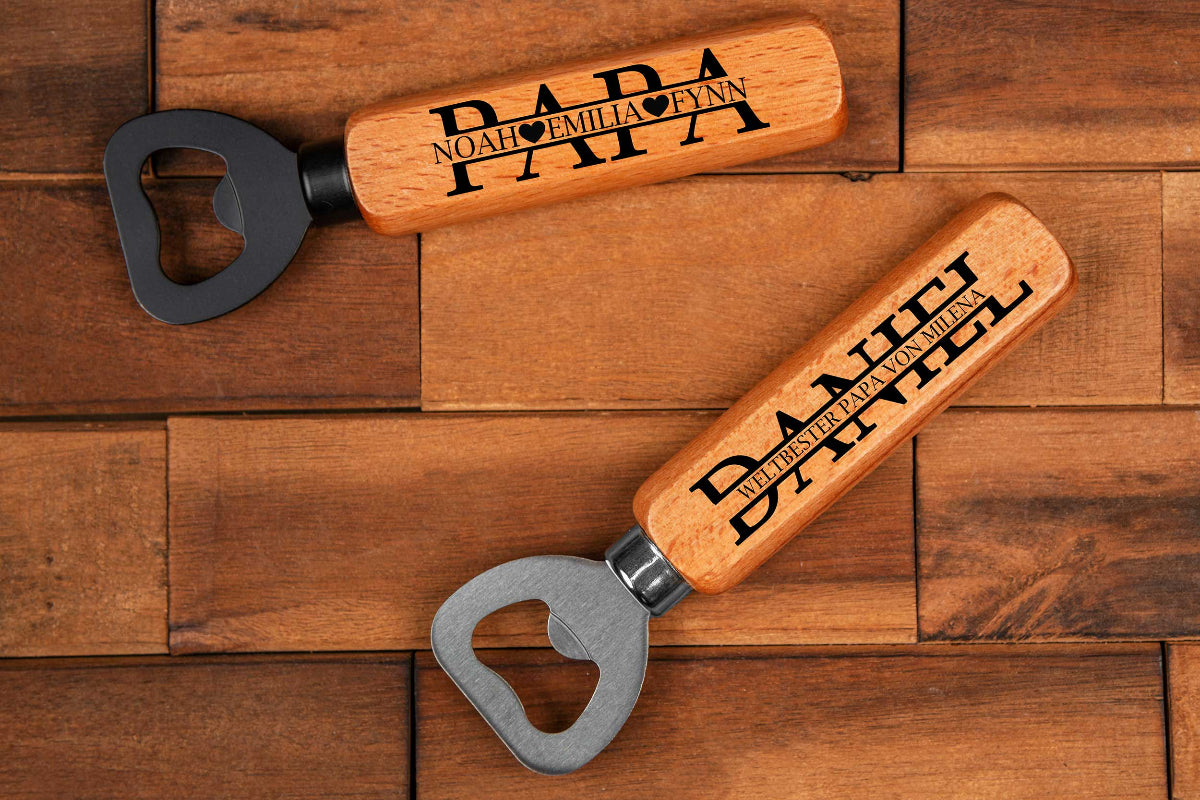 Flaschenöffner personalisiert mit Holzgriff - Vatertag Papa Geschenk