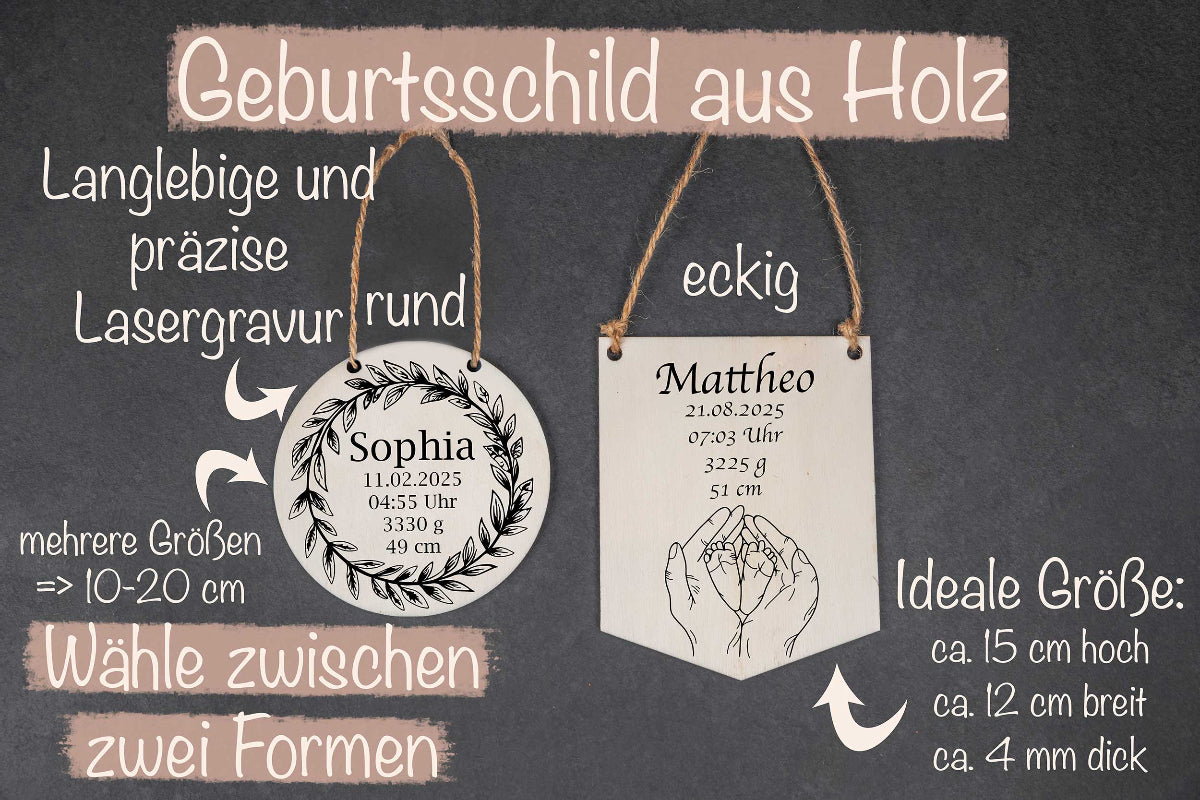 Namensschild mit Geburtsdaten aus Holz personalisiert als Gravur