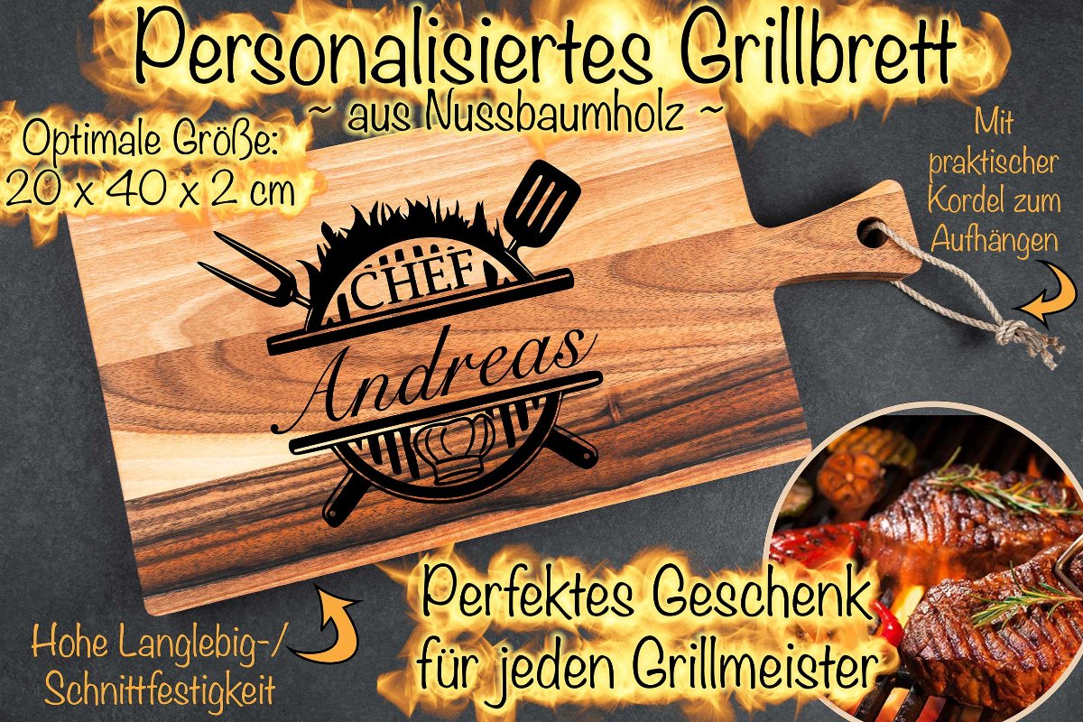Grillbrett mit Deiner Wunschgravur aus Nussbaumholz