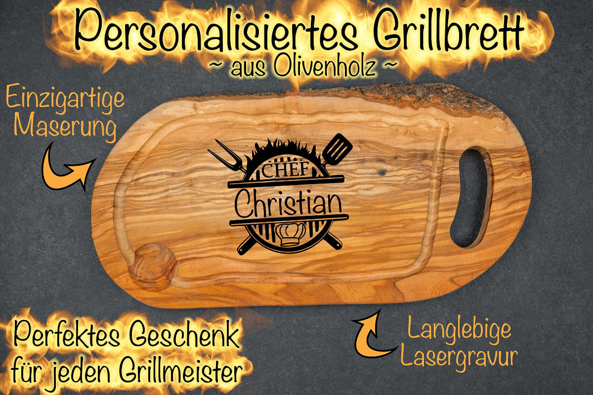 Grillbrett aus Olivenholz mit Gravur und Griff • Barbecue Brett • BBQ Brett