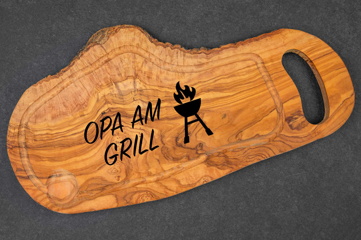 Grillbrett aus Olivenholz mit Gravur und Griff • Barbecue Brett • BBQ Brett
