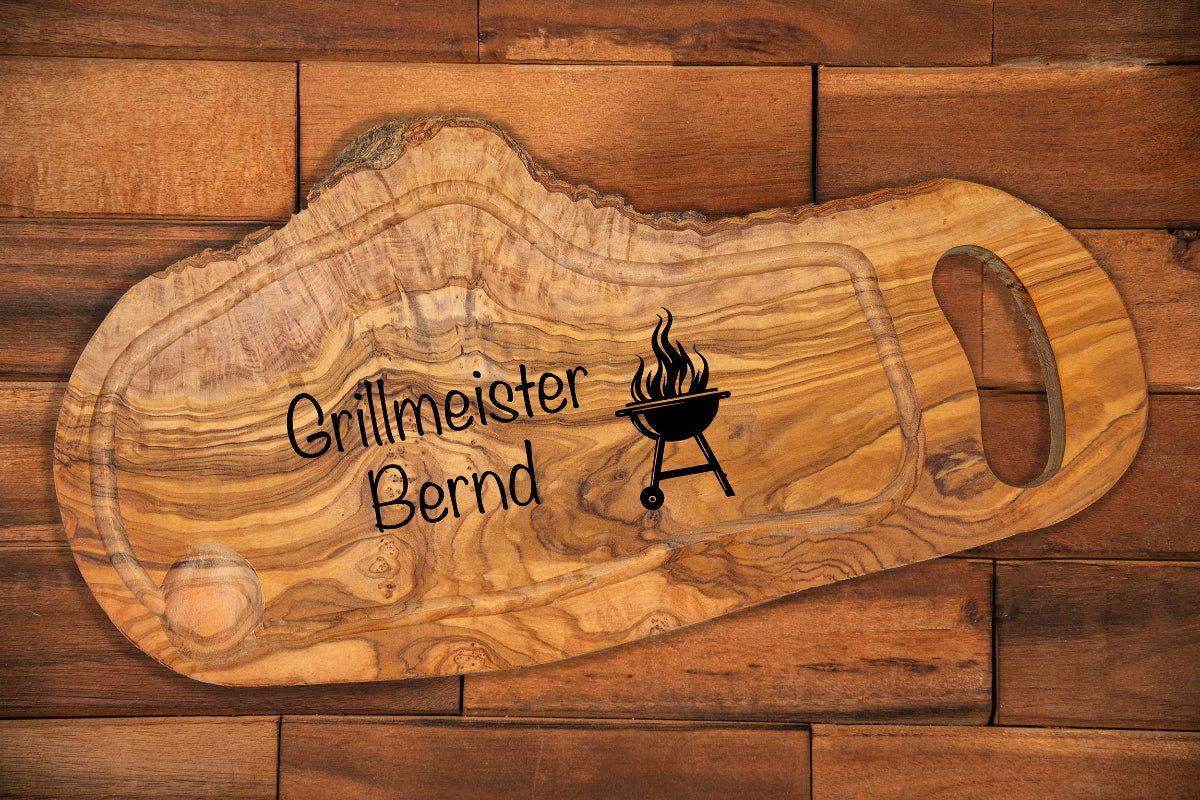 Grillbrett aus Olivenholz mit Gravur und Griff • Barbecue Brett • BBQ Brett