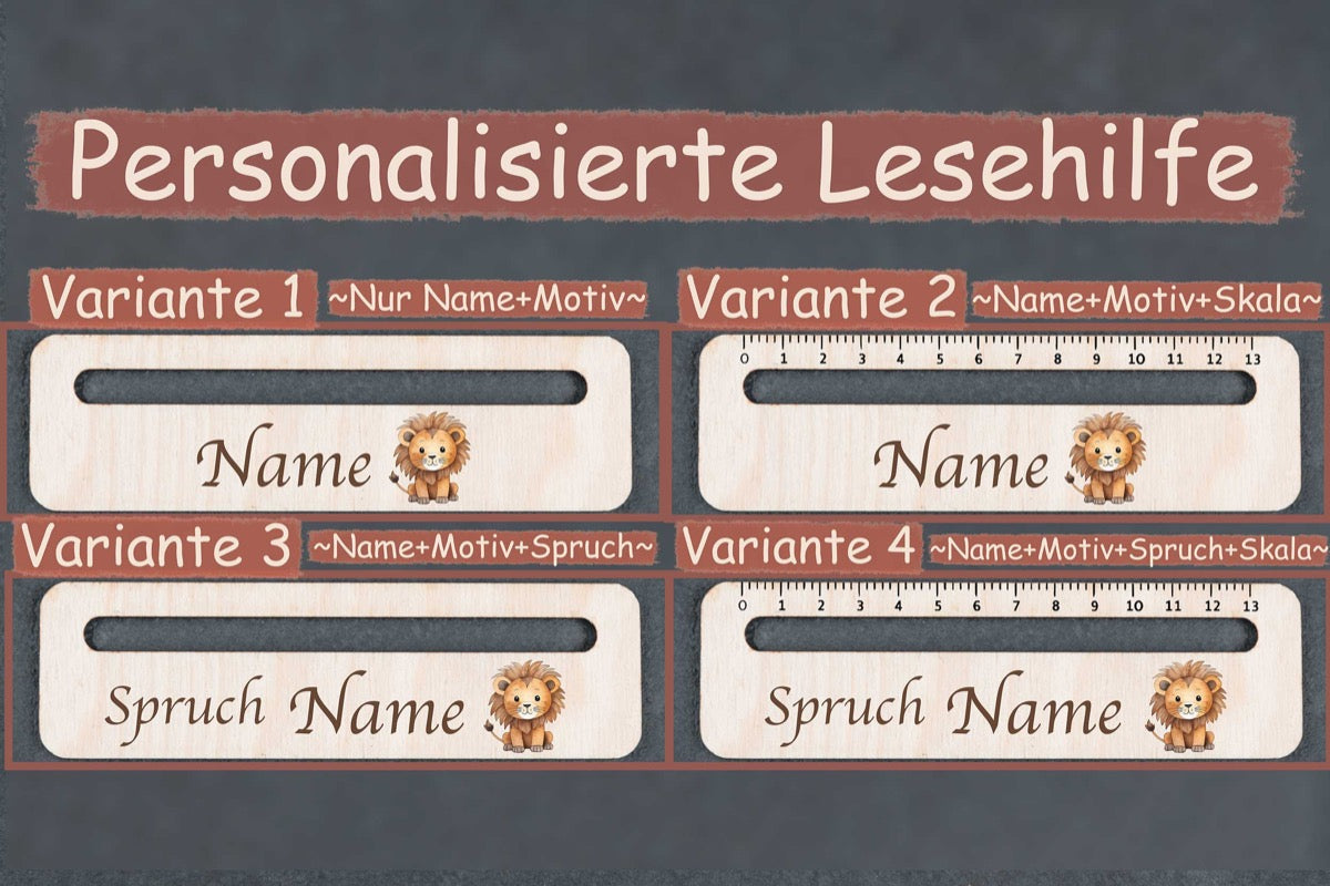 Premium Lesehilfe mit Namen und vielen Motiven