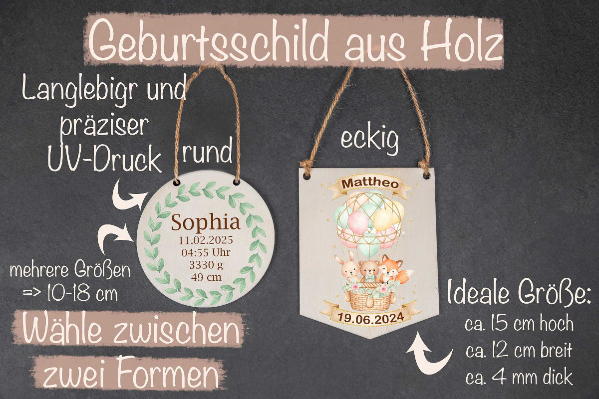 Namensschild mit Geburtsdaten aus Holz personalisiert