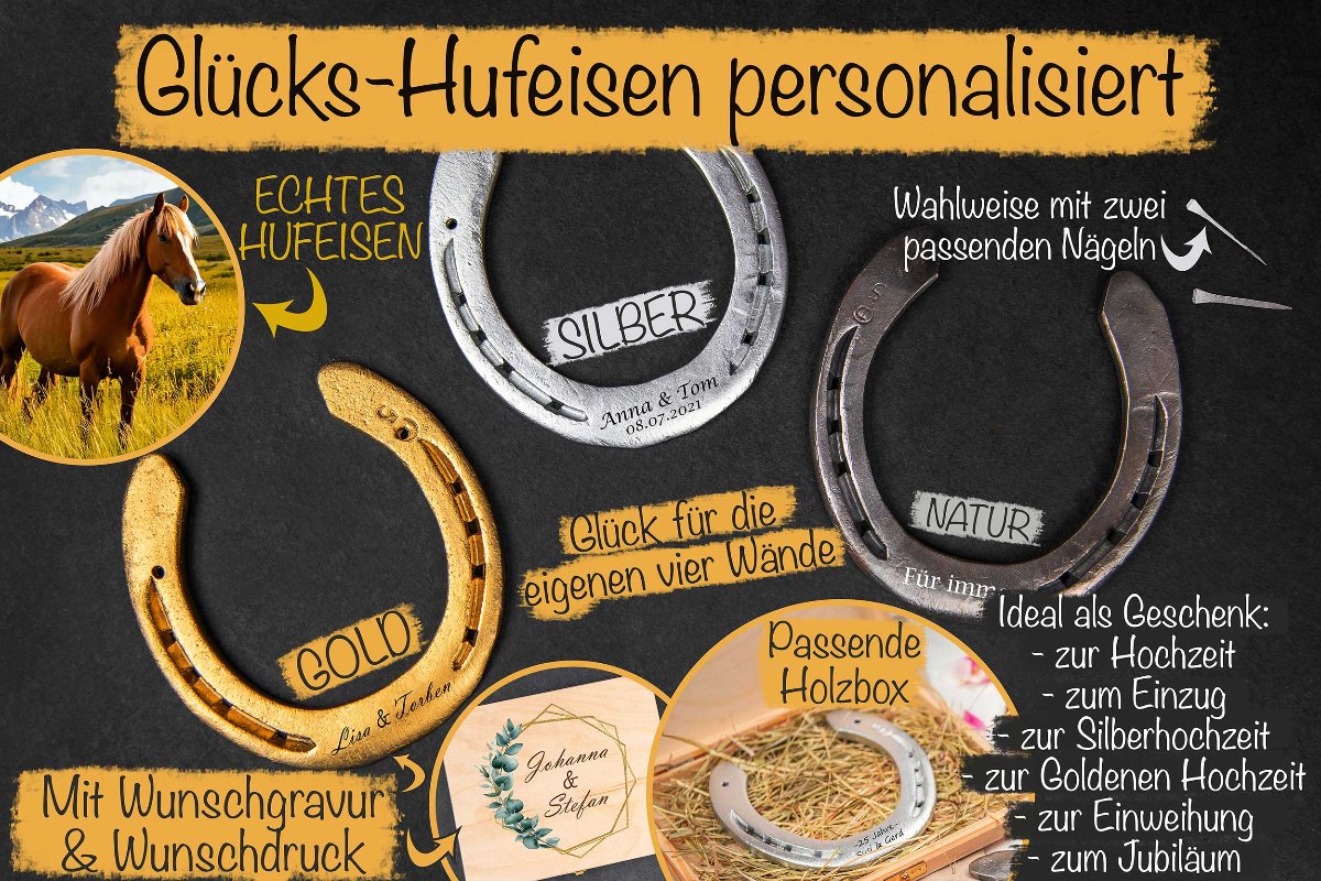 Hufeisen personalisiert mit Gravur und Holzbox bunt - Glückshufeisen